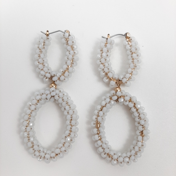 White Seed Bead and Gold Tone Statement Drop Earrings - Picture 3 of 5